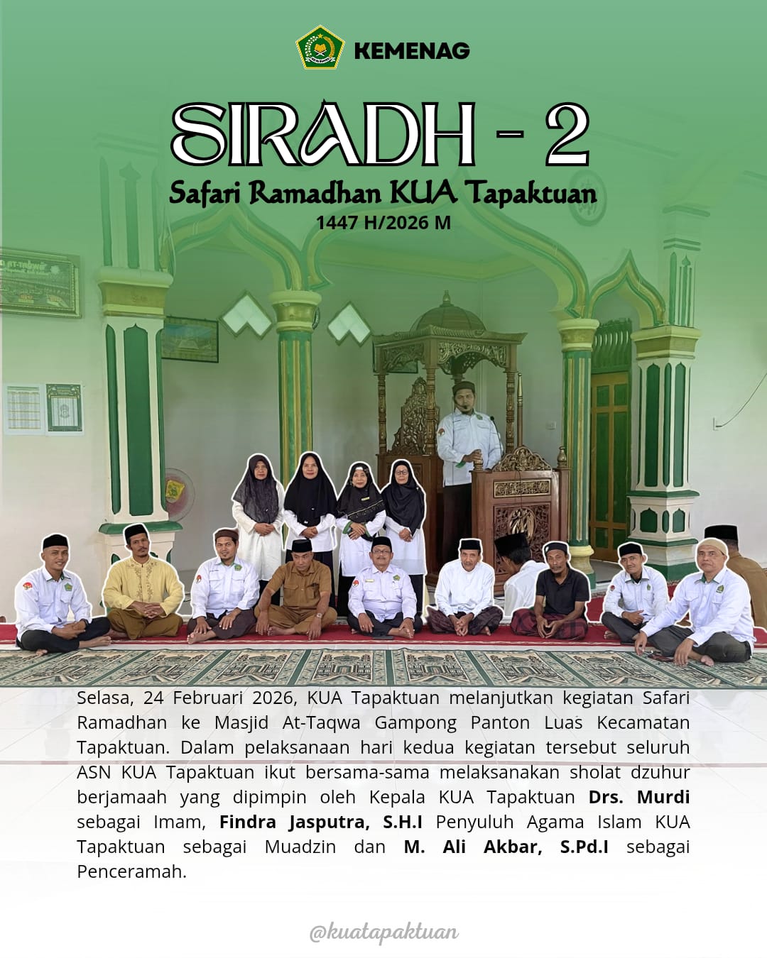 SIRADH KUA Tapaktuan Menyapa Umat dari Masjid ke Gampong (Ramadhan Momentum Penguat Umat)